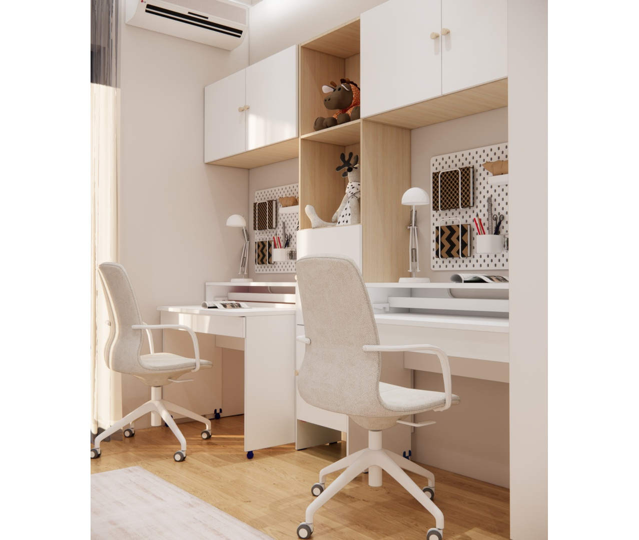 Podwójne biurko z wygodnymi krzesłami na kółkach i półkami nad miejscem do nauki dla dzieci.